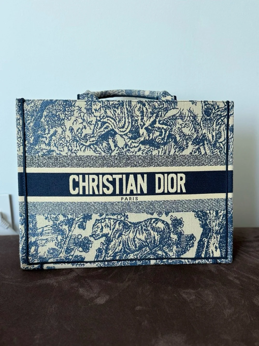 Dior Men's Toile Tote in Blue and Cream with Logo Band